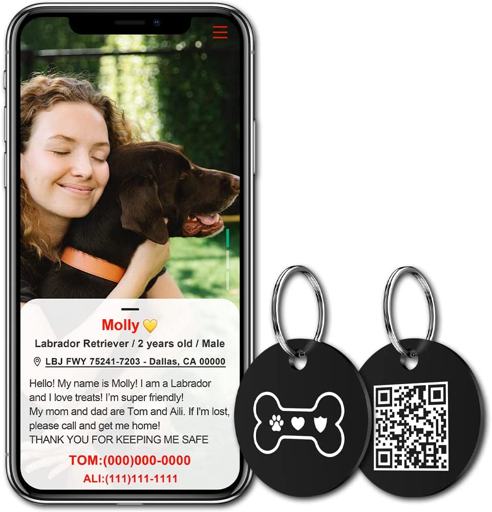 Stainless Steel QR Code Pet ID Tags Dog Tags - Pet Online Profile - Scan QR Receive Instant Pet Location Alert Email