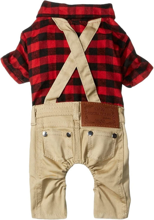 Pet Clothes for Small Dog Cat Red Plaid Shirts Sweater with Khaki Overalls Pants Jumpsuit Outfits XL