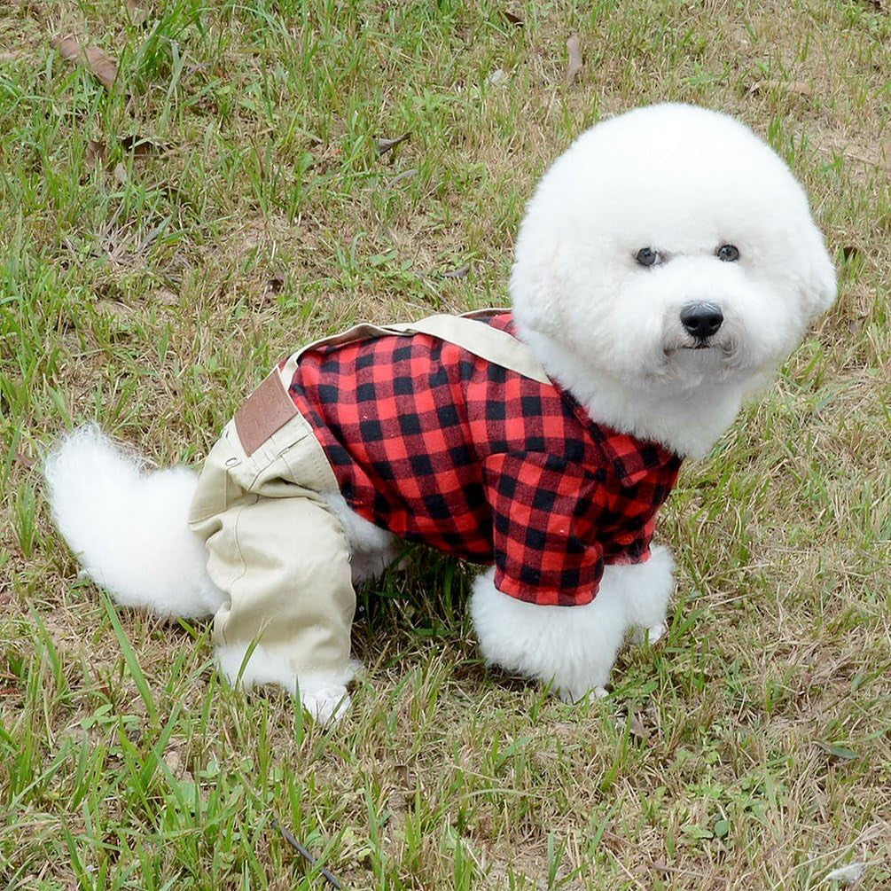 Pet Clothes for Small Dog Cat Red Plaid Shirts Sweater with Khaki Overalls Pants Jumpsuit Outfits XL