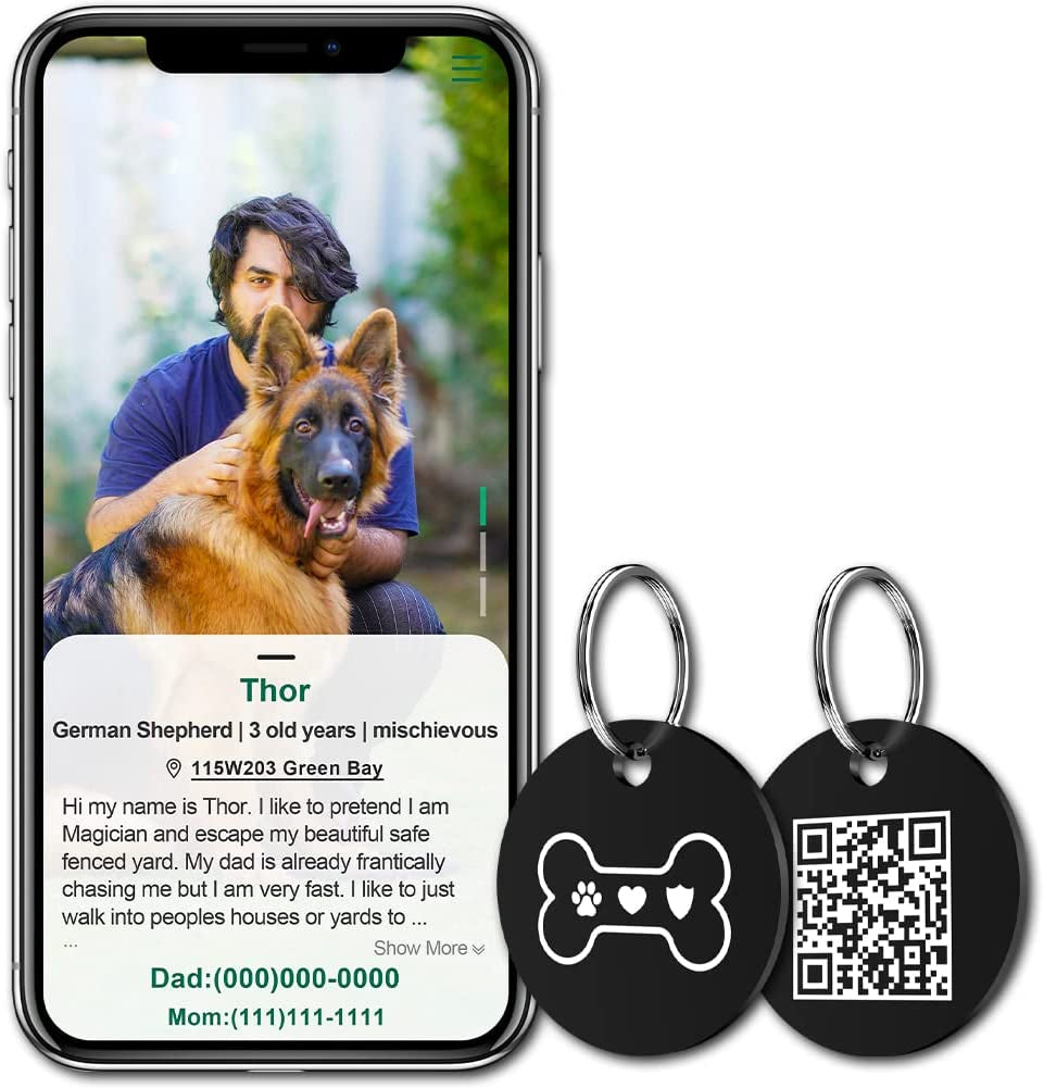 Stainless Steel QR Code Pet ID Tags Dog Tags - Pet Online Profile - Scan QR Receive Instant Pet Location Alert Email