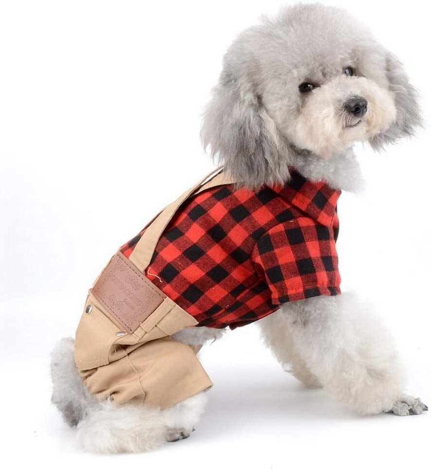 Pet Clothes for Small Dog Cat Red Plaid Shirts Sweater with Khaki Overalls Pants Jumpsuit Outfits XL