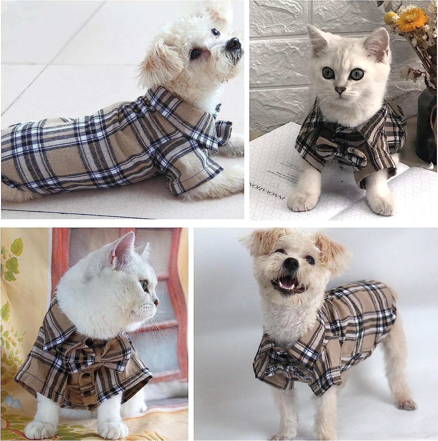Soft Casual Dog Plaid Shirt,Gentle Dog Western Shirt Pet Clothes, Dog Cotton Shirt with Bow Tie for Wedding,Christmas Costumes (Medium, Dark Khaki)