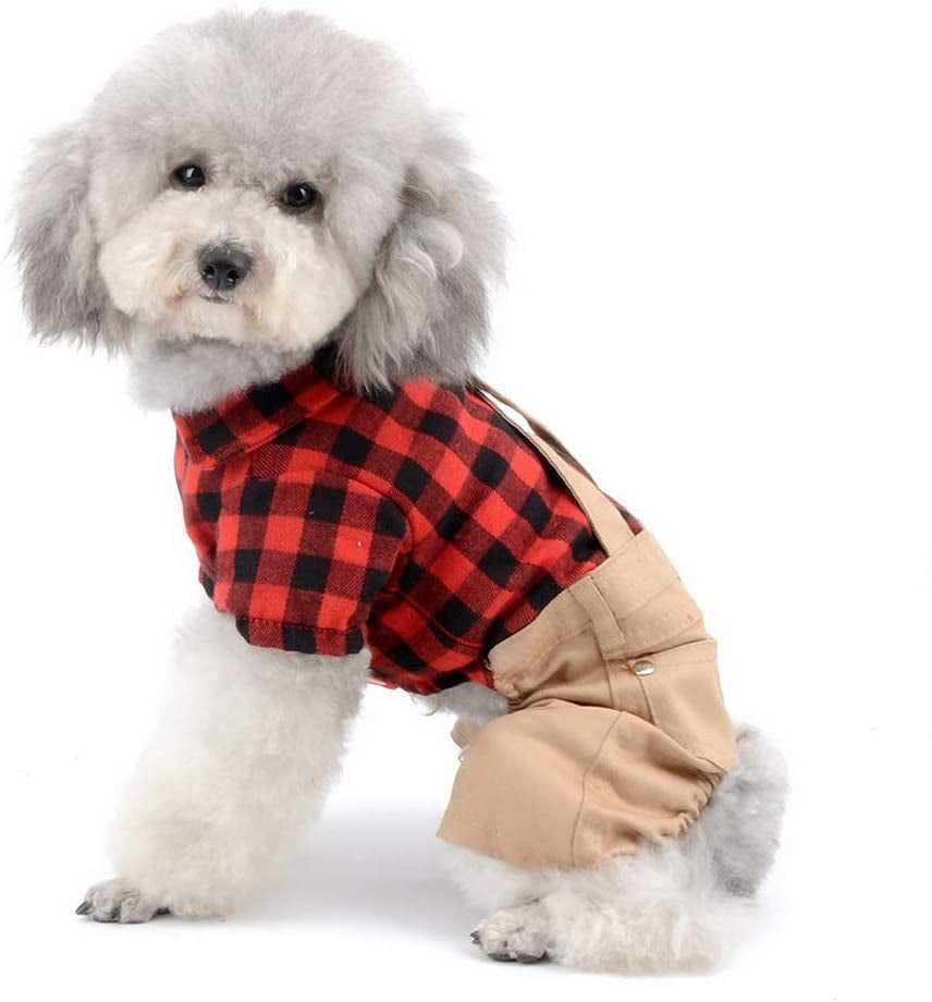 Pet Clothes for Small Dog Cat Red Plaid Shirts Sweater with Khaki Overalls Pants Jumpsuit Outfits XL