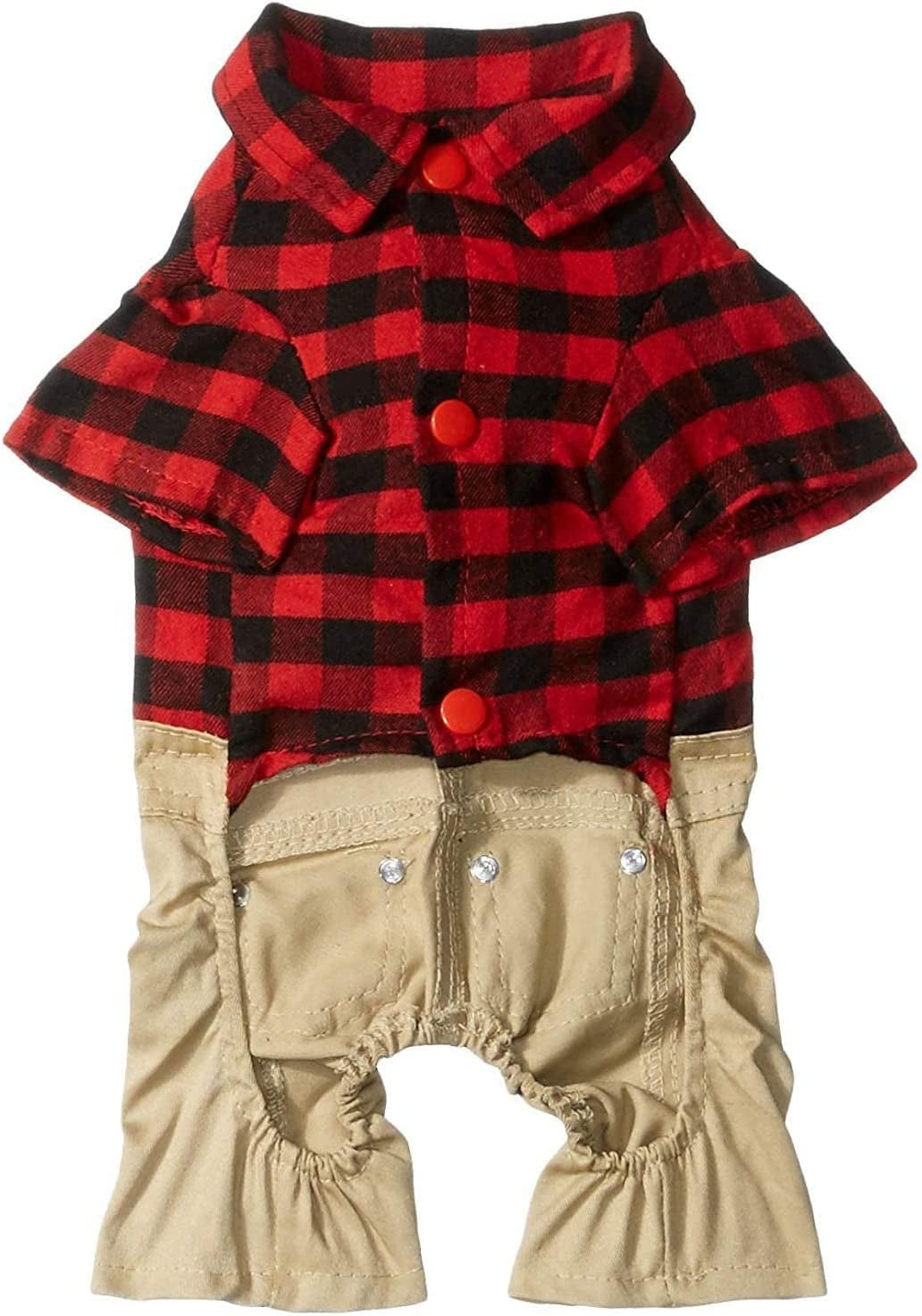 Pet Clothes for Small Dog Cat Red Plaid Shirts Sweater with Khaki Overalls Pants Jumpsuit Outfits XL
