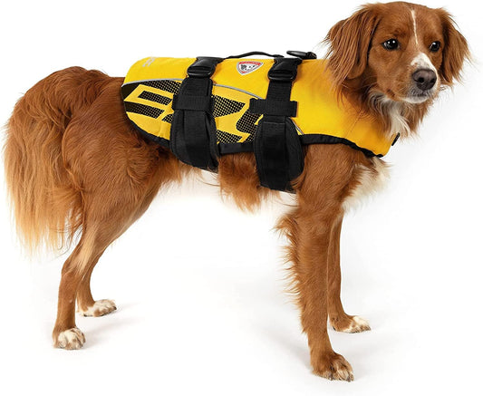 Premium Doggy Flotation Device (DFD) - Adjustable Dog Life Jacket Preserver with Reflective Trim - Durable Grab Handle for Safety and Protection - 50% More Flotation Material (Medium, Yellow)