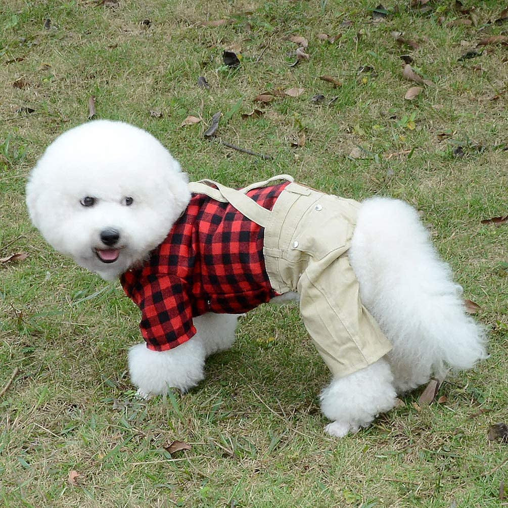 Pet Clothes for Small Dog Cat Red Plaid Shirts Sweater with Khaki Overalls Pants Jumpsuit Outfits XL
