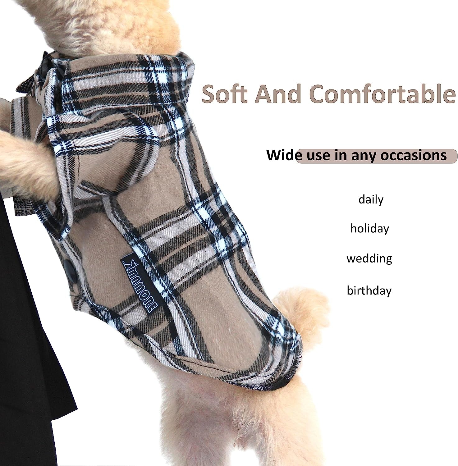 Soft Casual Dog Plaid Shirt,Gentle Dog Western Shirt Pet Clothes, Dog Cotton Shirt with Bow Tie for Wedding,Christmas Costumes (Medium, Dark Khaki)