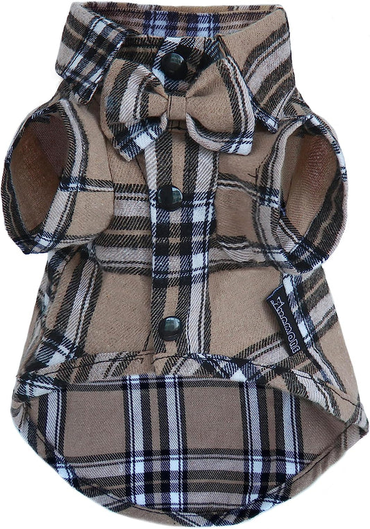 Soft Casual Dog Plaid Shirt,Gentle Dog Western Shirt Pet Clothes, Dog Cotton Shirt with Bow Tie for Wedding,Christmas Costumes (Medium, Dark Khaki)