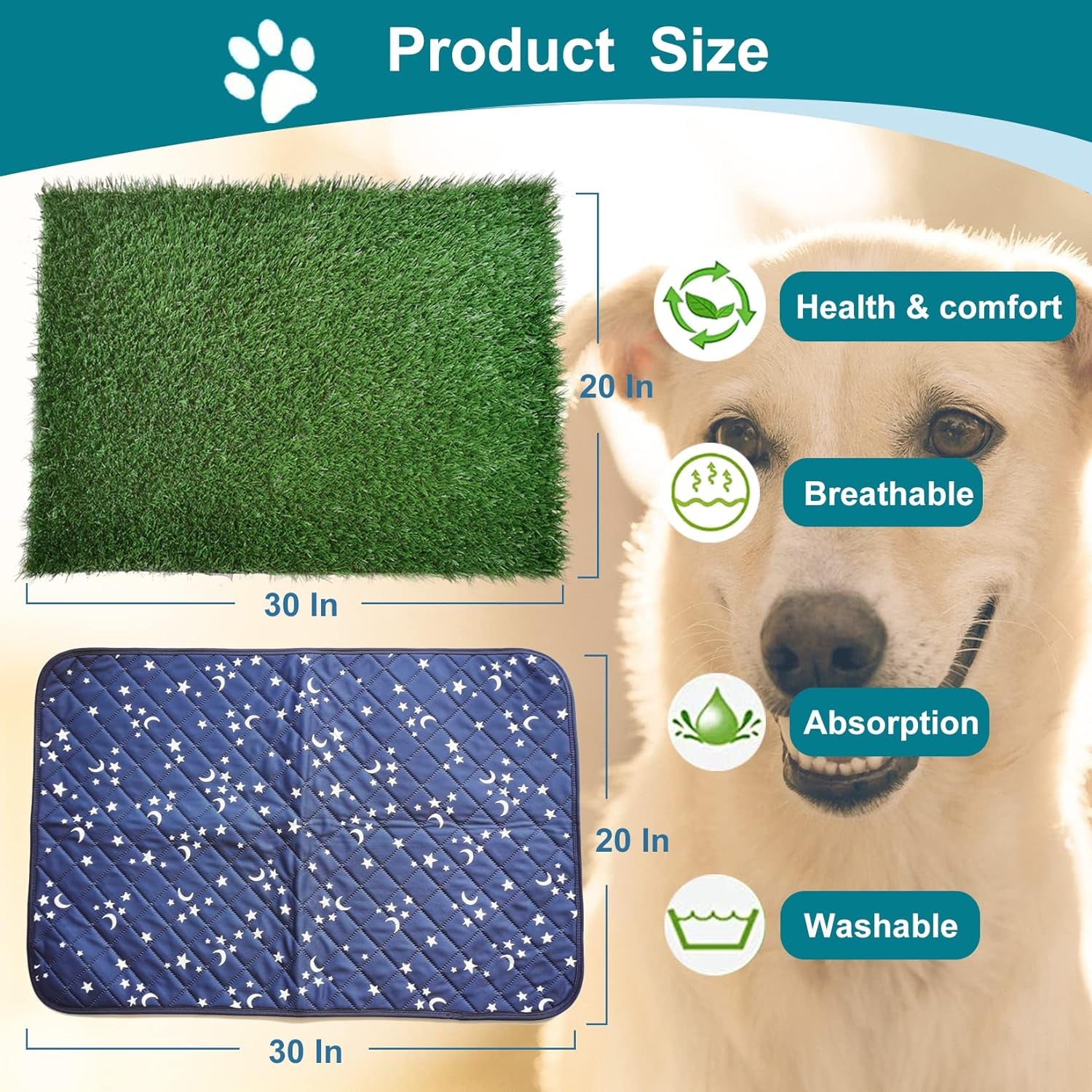Upgrade Large Dog Grass Pad (30’’X20’’), 2-PCS Artificial Grass Dog Turf and Washable Pee Pad, Professional Reusable Dog Grass Pee Pad, Training Use for Indoor Outdoor Apartment, Fit for Medium Dogs